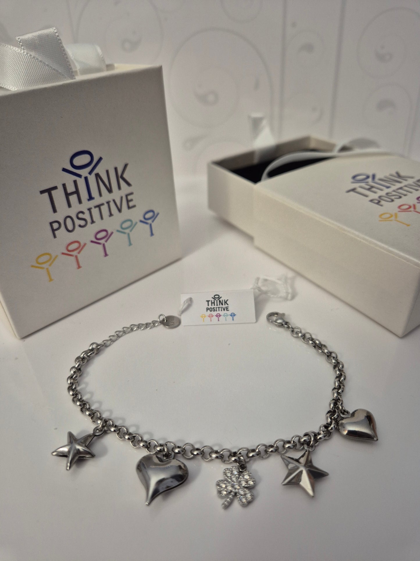 Bracciale Think Positive cuori stelle e quadrifoglio acciaio donna