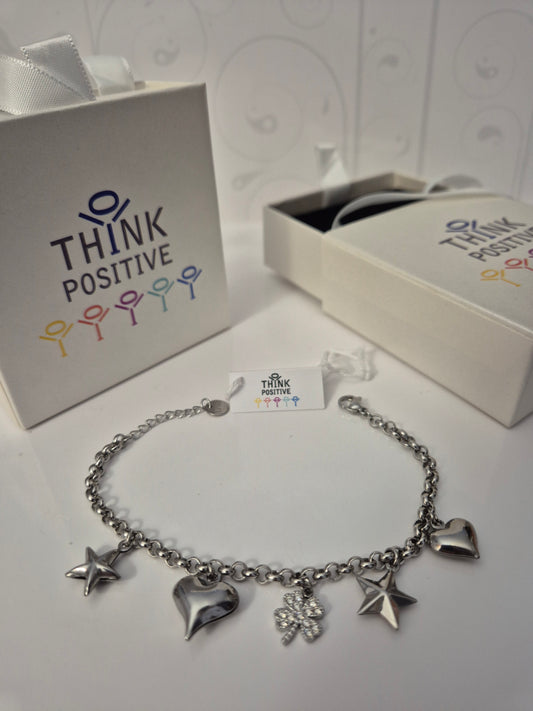 Bracciale Think Positive cuori stelle e quadrifoglio acciaio donna