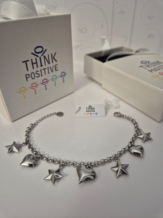 Bracciale Think Positive cuori e stelle acciaio donna