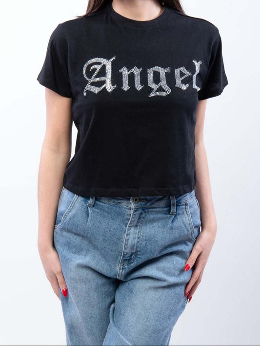 T-shirt Angel Con Brillantini Nera