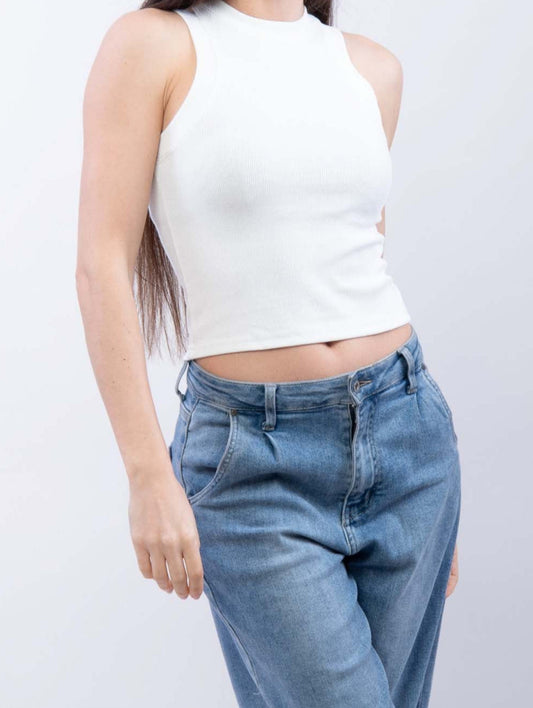 Top Crop Girocollo Senza Maniche Bianco