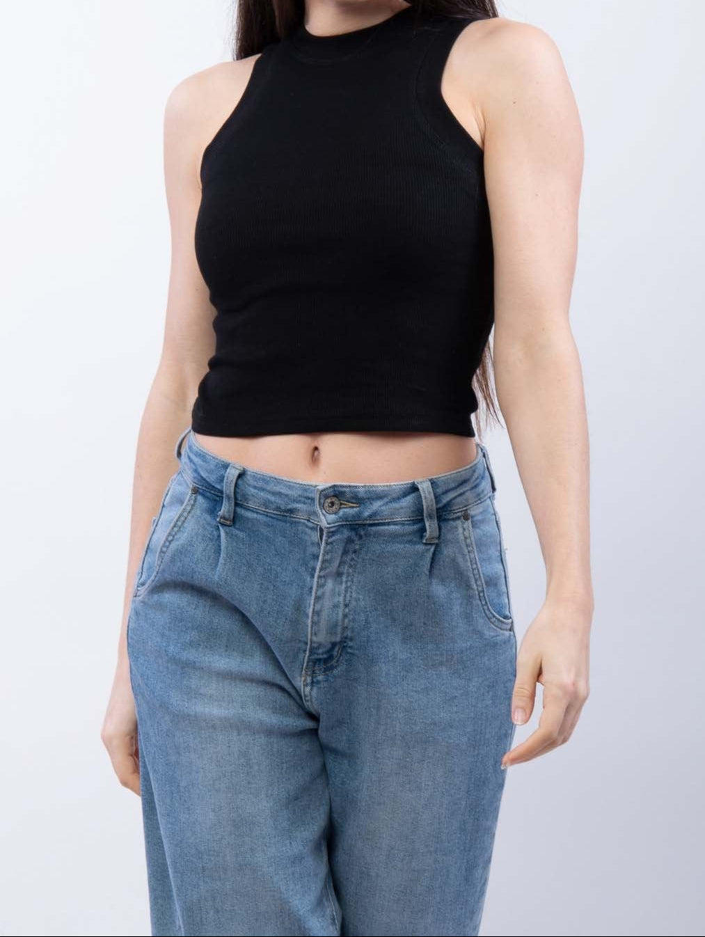 Top Crop Girocollo Senza Maniche Nero