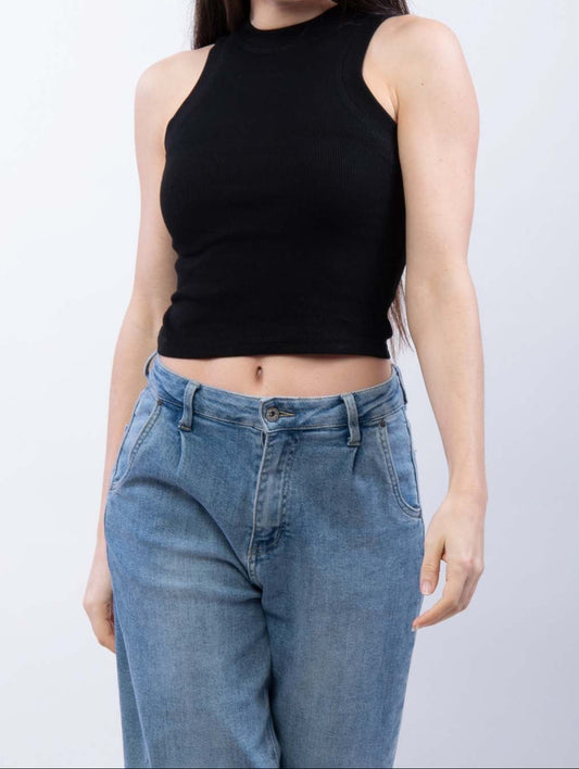 Top Crop Girocollo Senza Maniche Nero