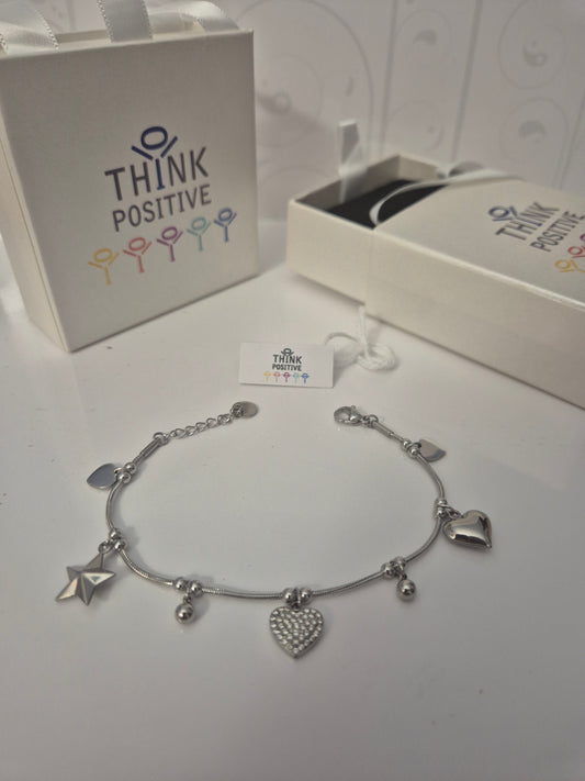Bracciale Think Positive cuori e stelle semirigido acciaio